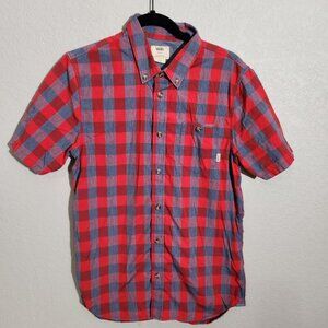Vans Shirt Mens Small Red Blue Plaid Button Down Short Sleeve Skate Casual
